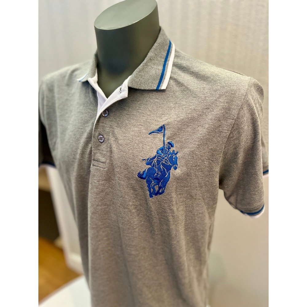 Big Pony Polo Shirt Gray Royal Blue Embroidered Crest Number 9 Patch Men's XL